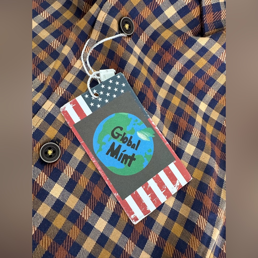 Luchiano Visconti Global Mint Men’s Large Gold & Navy Plaid Cotton Shirt NWT - Picture 7 of 13